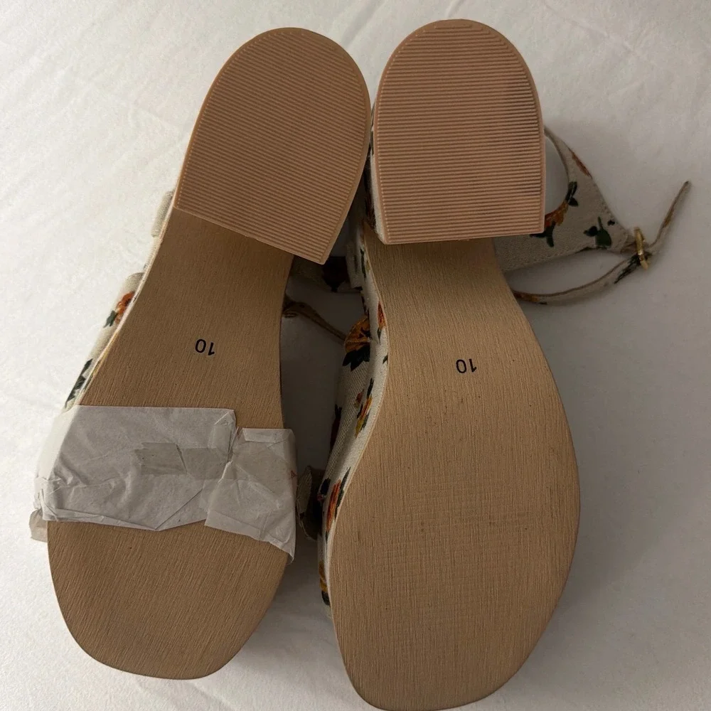 Seychelles Floral Fabric Platform Block Heel Sandals Cream Multi Size 10